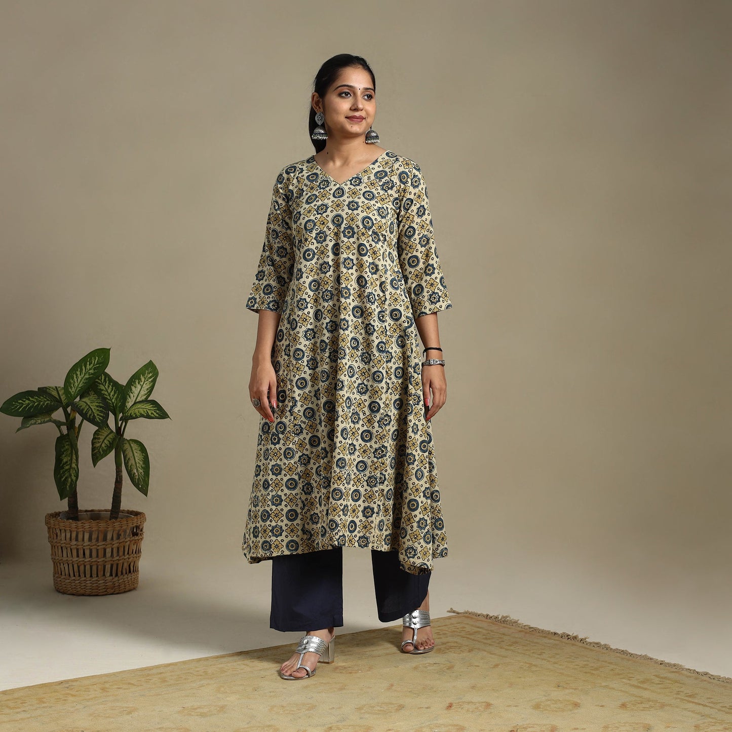 Beige Block Print Natural Dyed Cotton A-Line Ajrakh Kurta