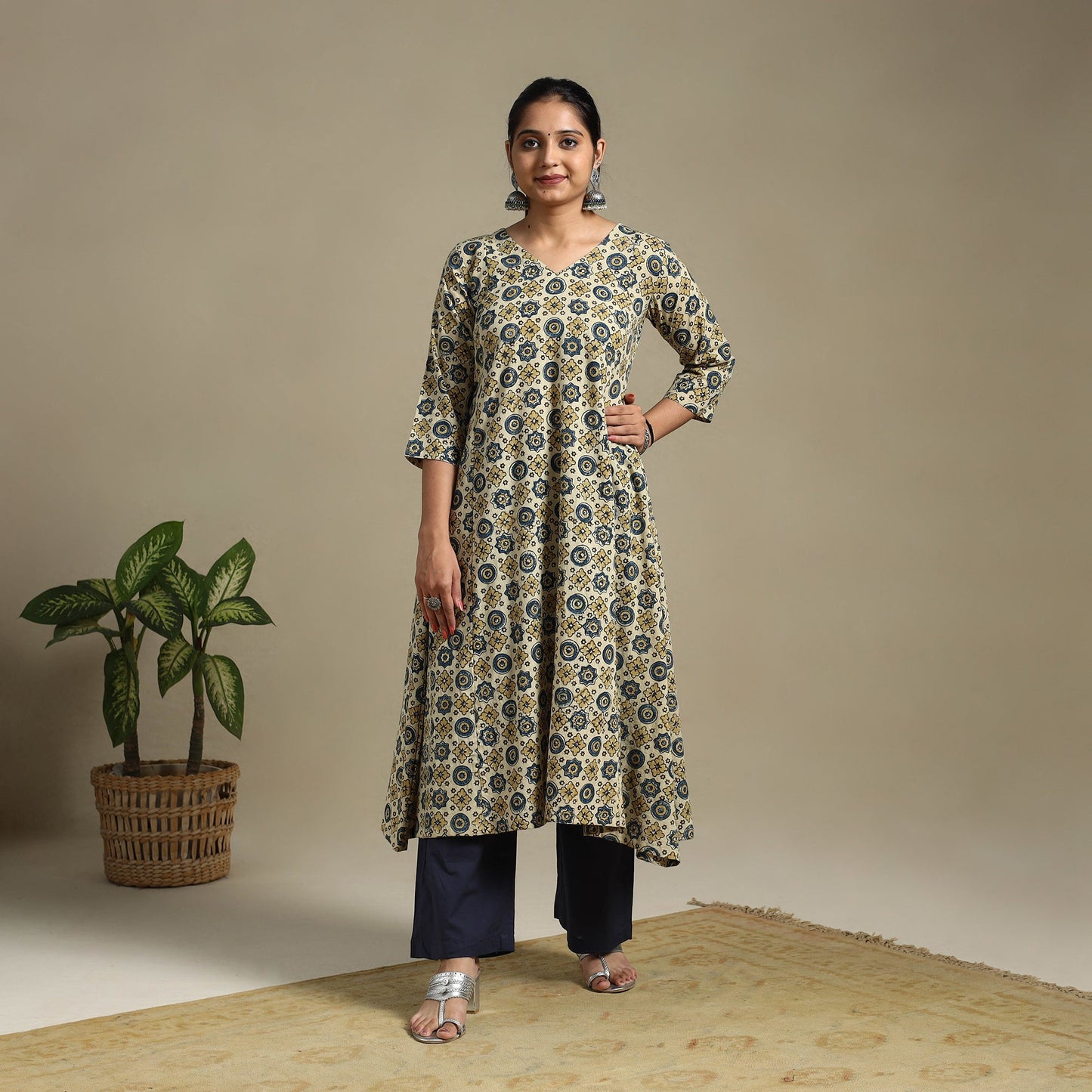 Beige Block Print Natural Dyed Cotton A-Line Ajrakh Kurta