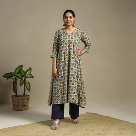 Beige Block Print Natural Dyed Cotton A-Line Ajrakh Kurta