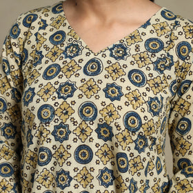 Beige Block Print Natural Dyed Cotton A-Line Ajrakh Kurta