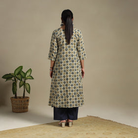 Beige Block Print Natural Dyed Cotton A-Line Ajrakh Kurta
