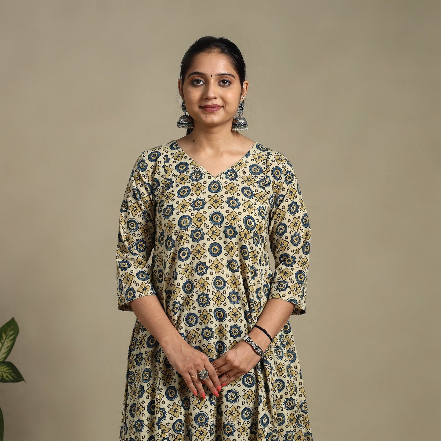 Beige Block Print Natural Dyed Cotton A-Line Ajrakh Kurta