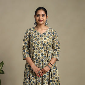 Beige Block Print Natural Dyed Cotton A-Line Ajrakh Kurta