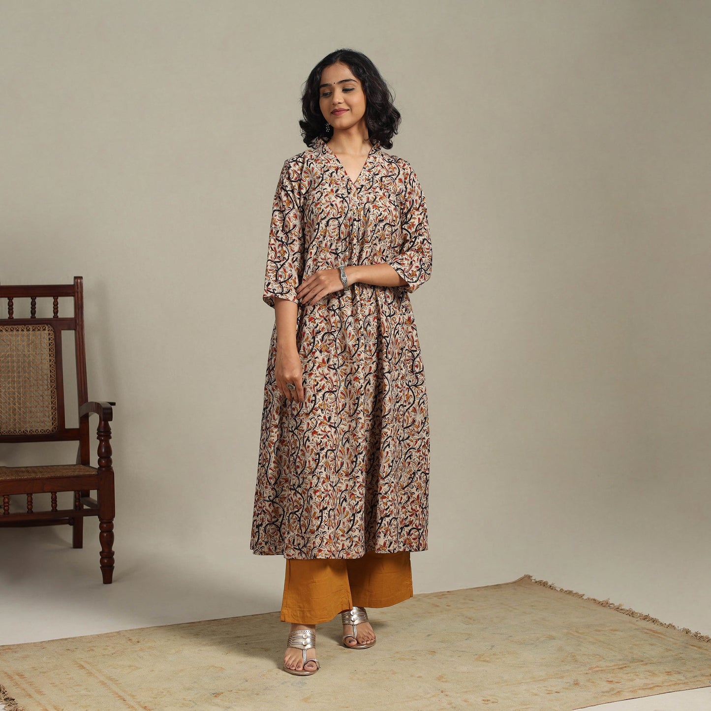 Beige Natural Dyed Cotton A-Line Pedana Kalamkari Print Kurta