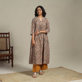 Beige Natural Dyed Cotton A-Line Pedana Kalamkari Print Kurta