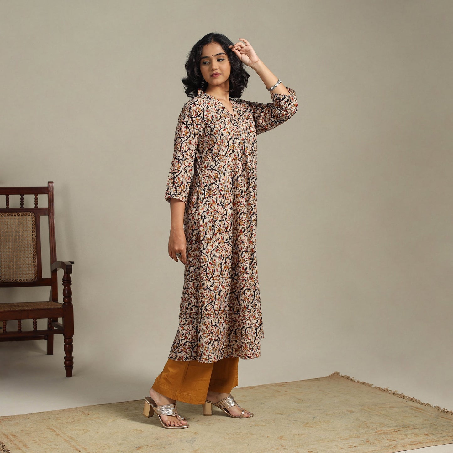 Beige Natural Dyed Cotton A-Line Pedana Kalamkari Print Kurta
