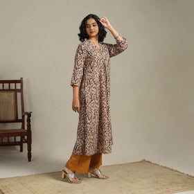 Beige Natural Dyed Cotton A-Line Pedana Kalamkari Print Kurta