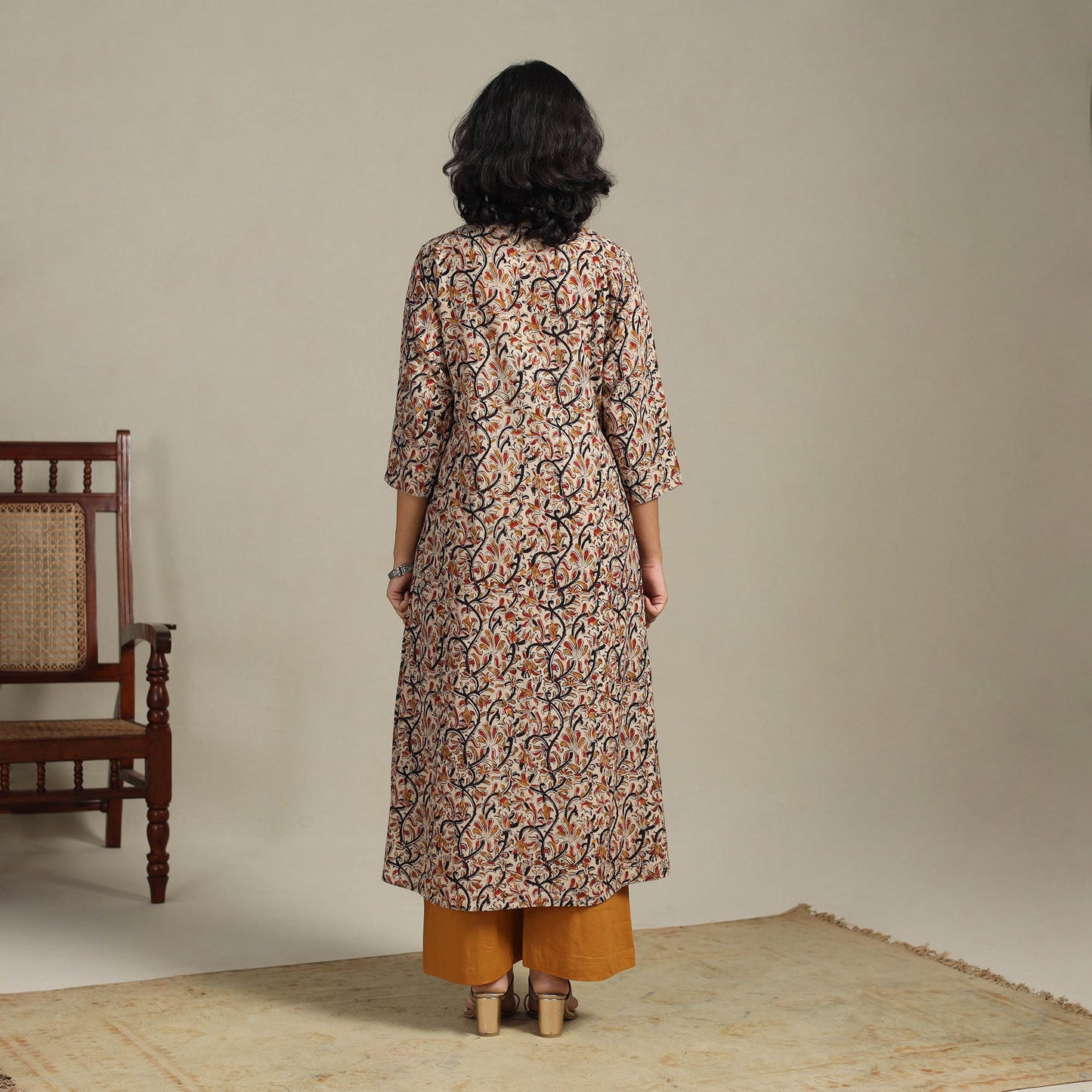 Beige Natural Dyed Cotton A-Line Pedana Kalamkari Print Kurta