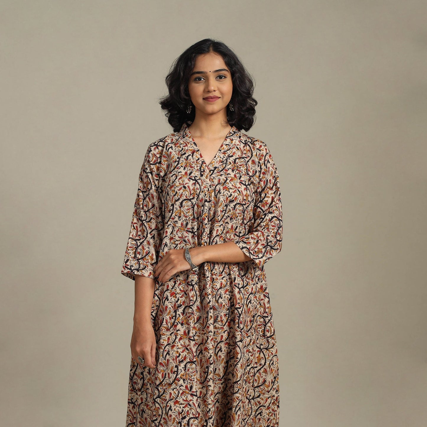 Beige Natural Dyed Cotton A-Line Pedana Kalamkari Print Kurta