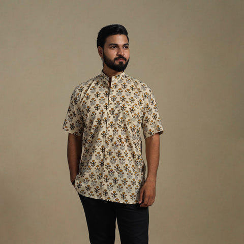Beige - natural dyed cotton men half sleeve bagru shirt 03