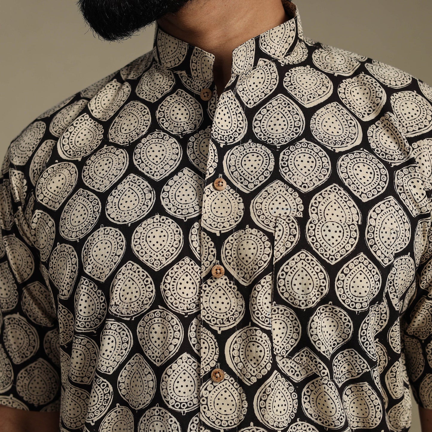 Beige - natural dyed cotton men half sleeve bagru shirt 07