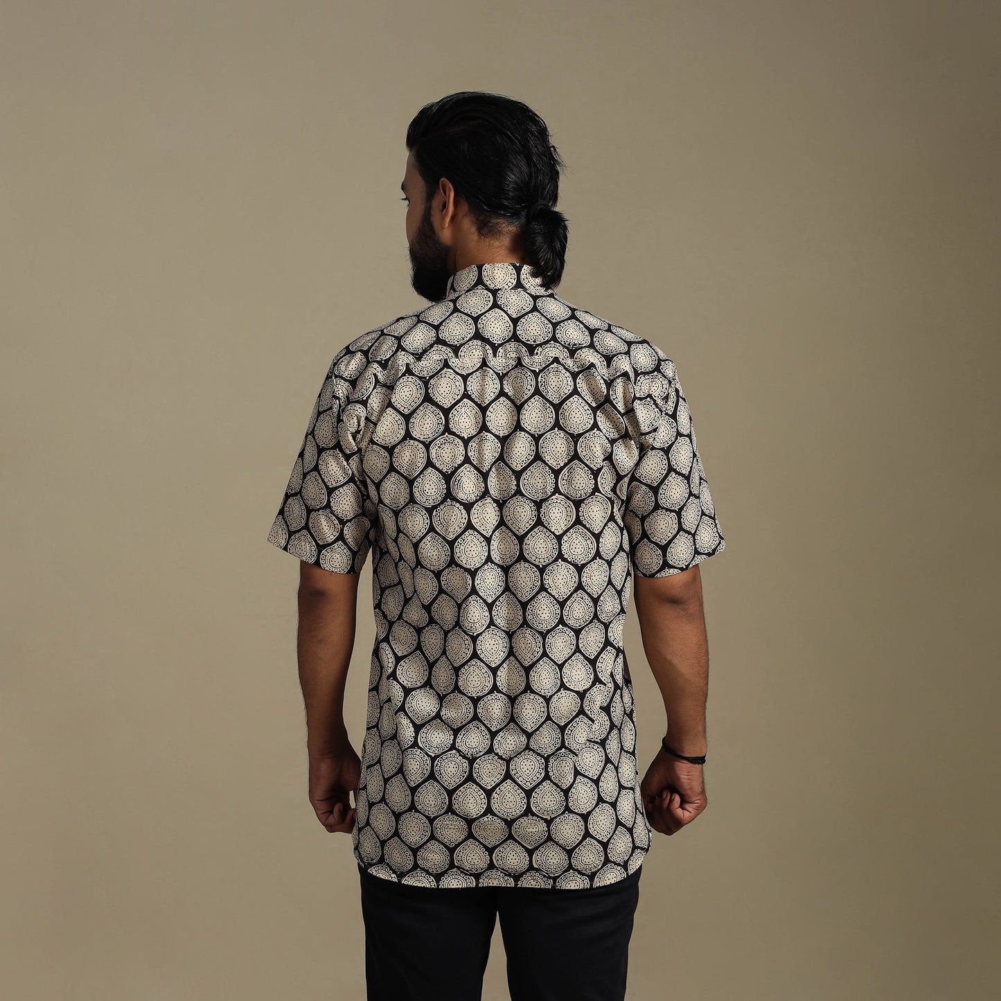 Beige - natural dyed cotton men half sleeve bagru shirt 07