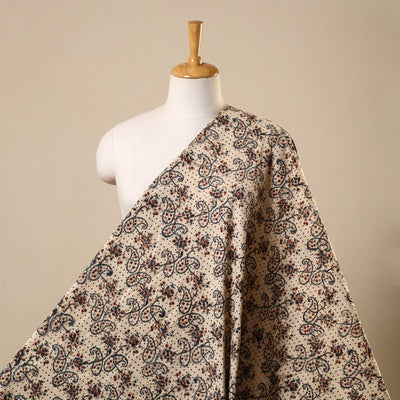 Beige Natural Dyed Block Print Cotton Pedana Kalamkari Fabric
