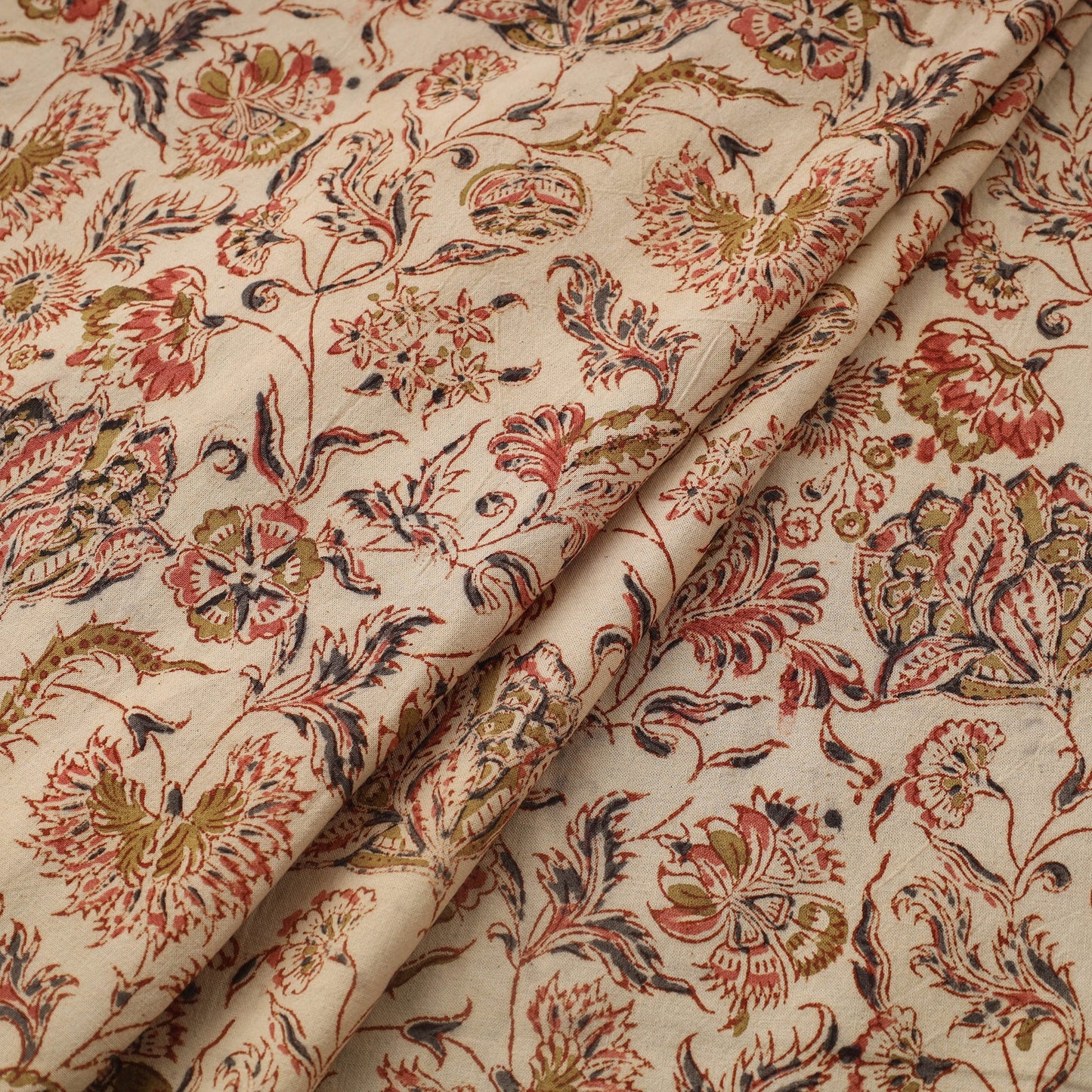 Beige Natural Dyed Block Print Cotton Pedana Kalamkari Fabric