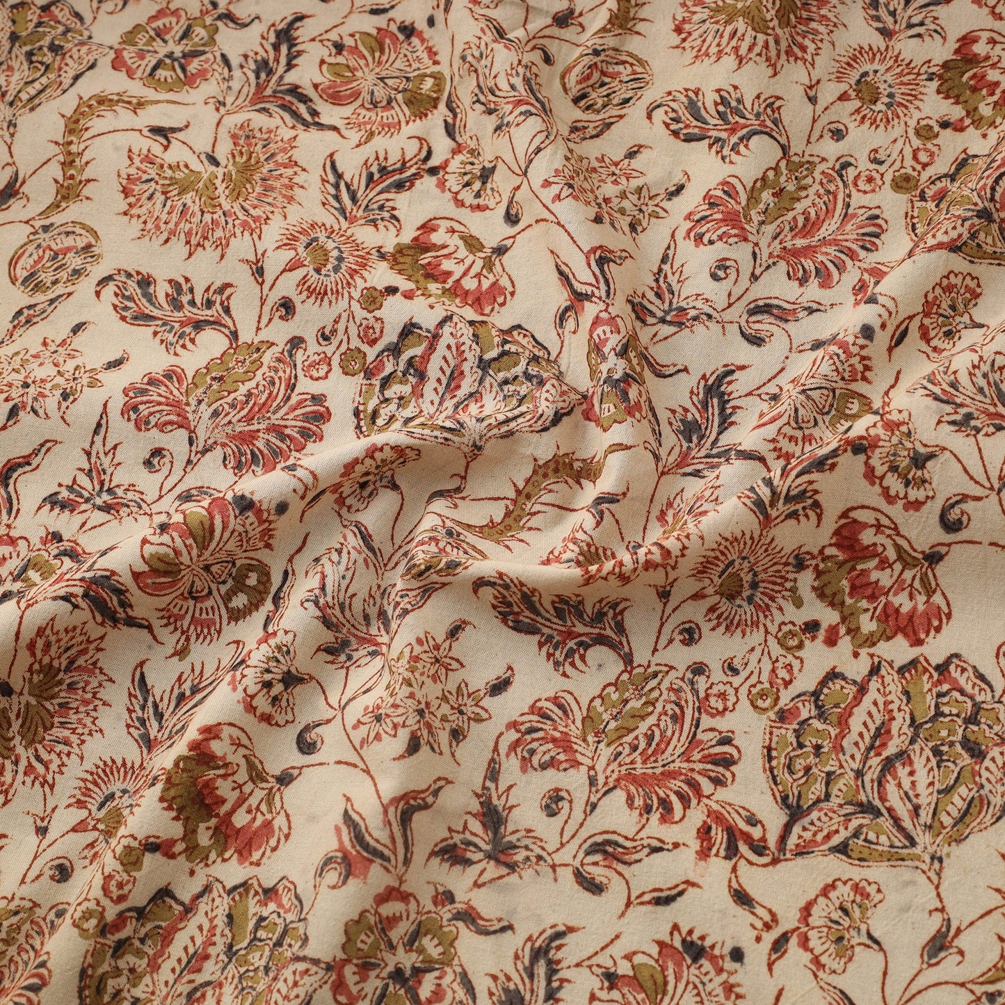 Beige Natural Dyed Block Print Cotton Pedana Kalamkari Fabric