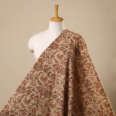 Beige Natural Dyed Block Print Cotton Pedana Kalamkari Fabric