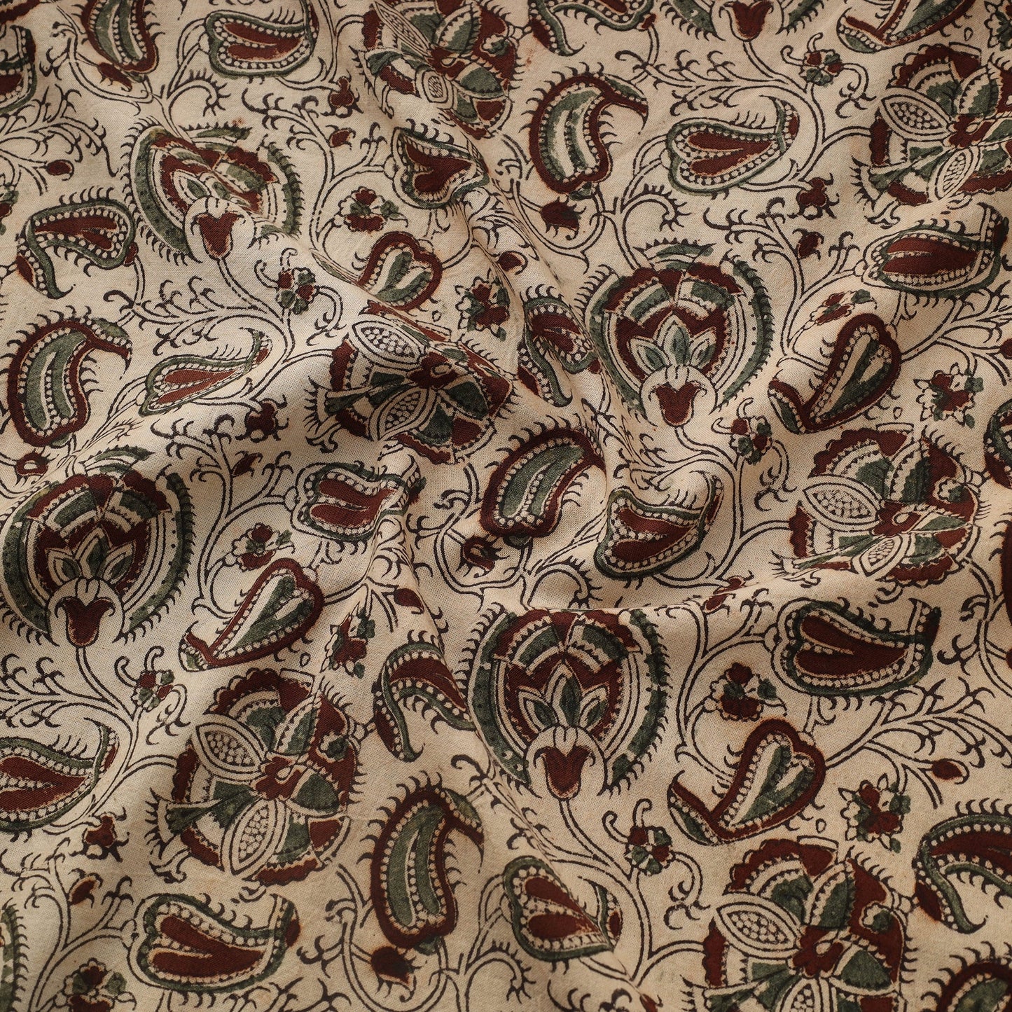 Beige Natural Dyed Block Print Cotton Pedana Kalamkari Fabric