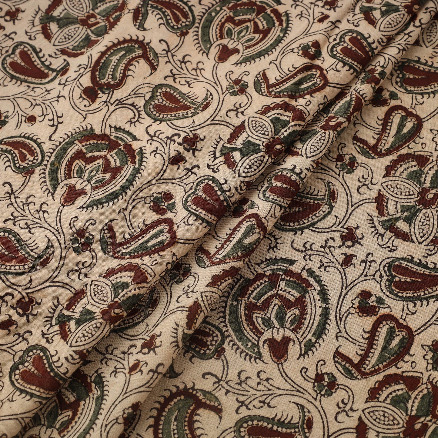 Beige Natural Dyed Block Print Cotton Pedana Kalamkari Fabric