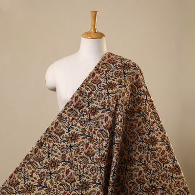 Beige Natural Dyed Block Print Cotton Pedana Kalamkari Fabric