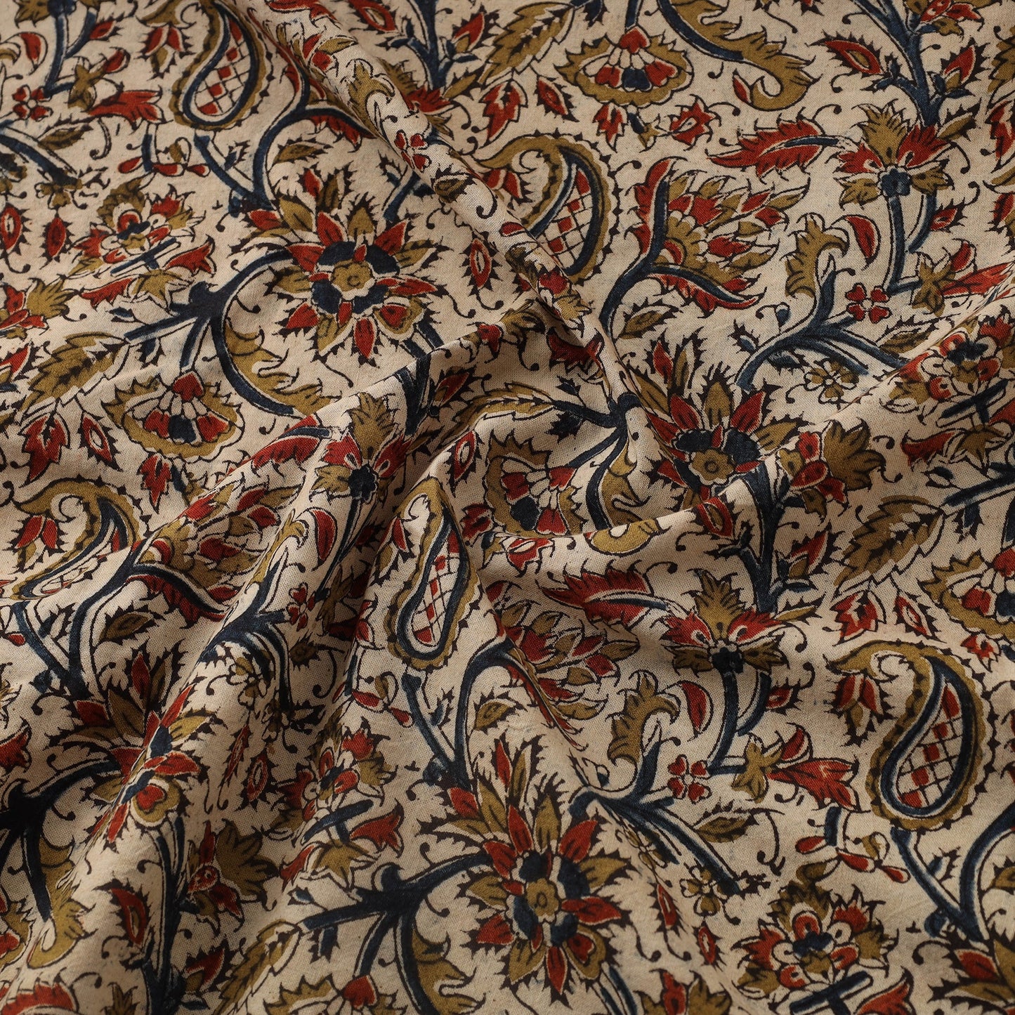 Beige Natural Dyed Block Print Cotton Pedana Kalamkari Fabric