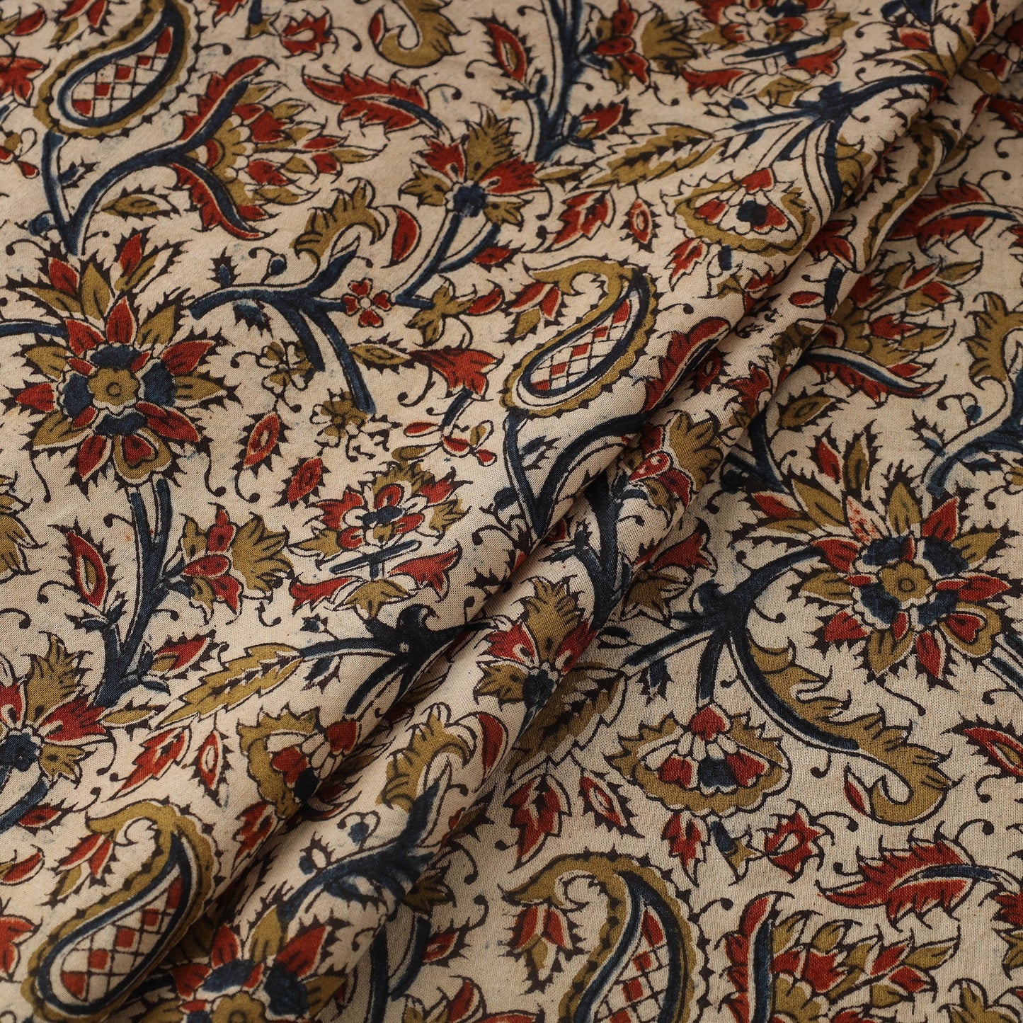 Beige Natural Dyed Block Print Cotton Pedana Kalamkari Fabric