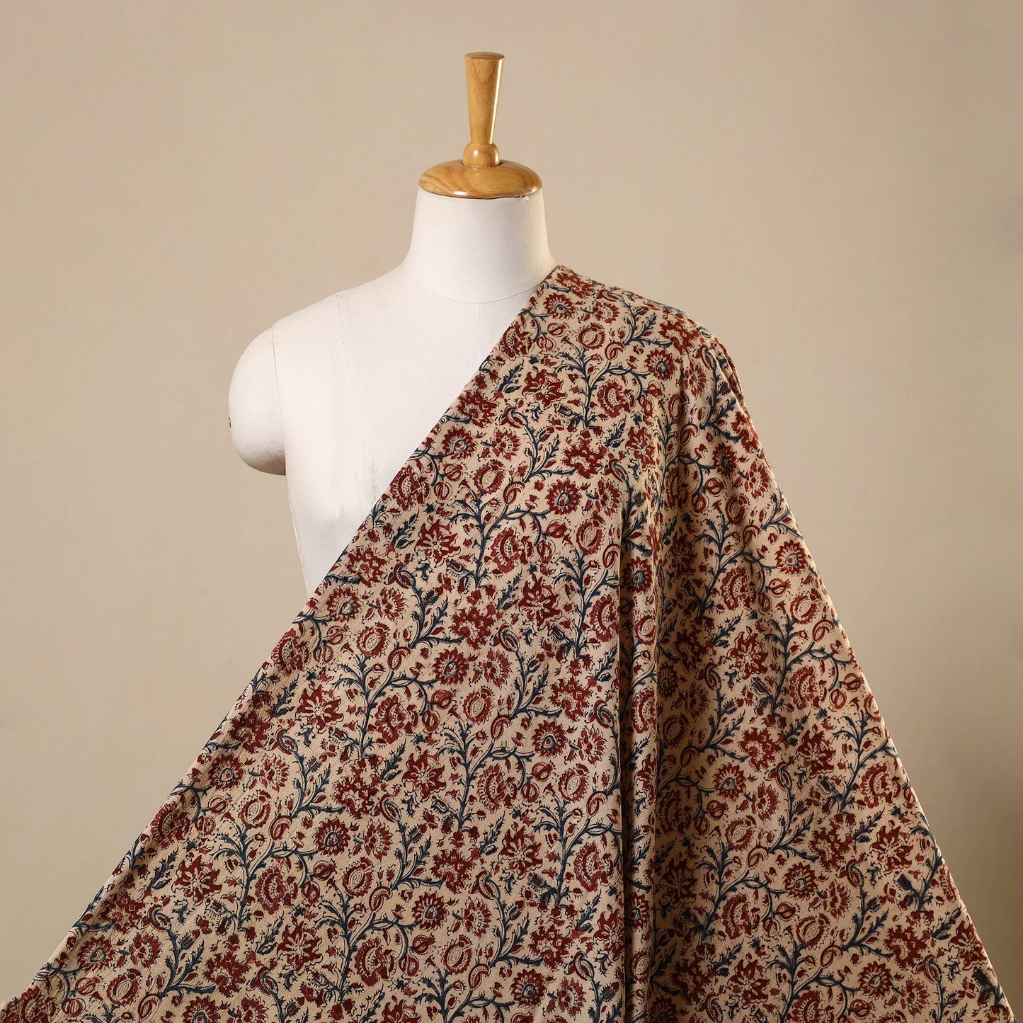 Beige Natural Dyed Block Print Cotton Pedana Kalamkari Fabric