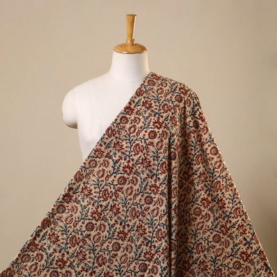 Beige Natural Dyed Block Print Cotton Pedana Kalamkari Fabric