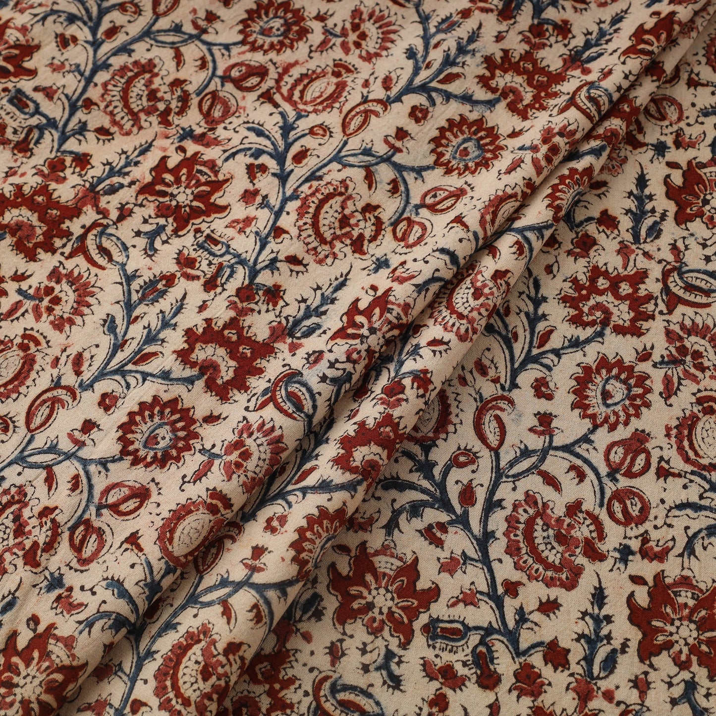 Beige Natural Dyed Block Print Cotton Pedana Kalamkari Fabric