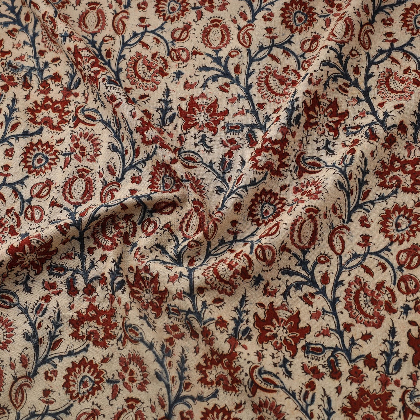 Beige Natural Dyed Block Print Cotton Pedana Kalamkari Fabric