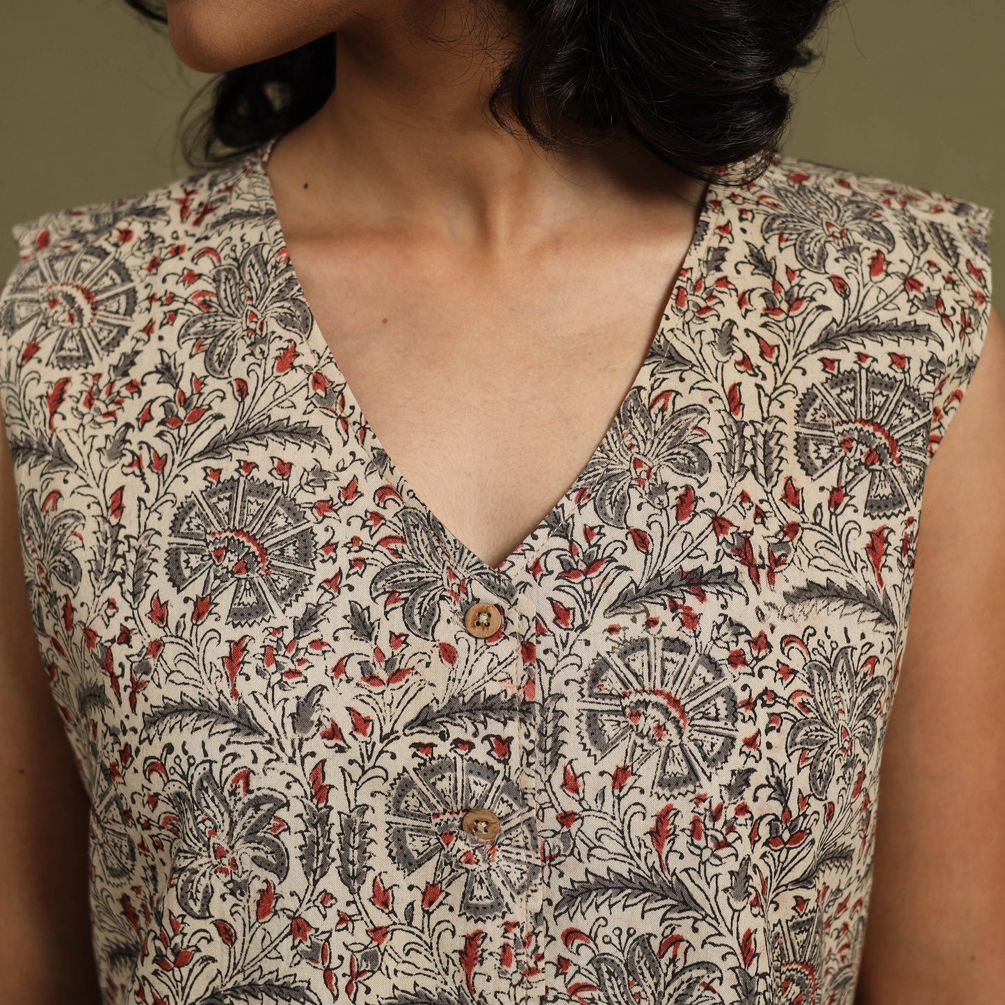 Beige Natural Dyed Block Print Cotton Pedana Kalamkari Co-ord Set