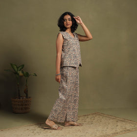 Beige Natural Dyed Block Print Cotton Pedana Kalamkari Co-ord Set