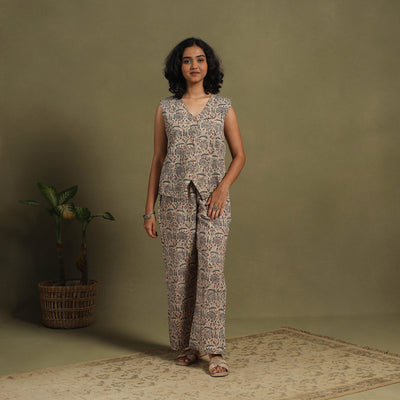 Beige Natural Dyed Block Print Cotton Pedana Kalamkari Co-ord Set