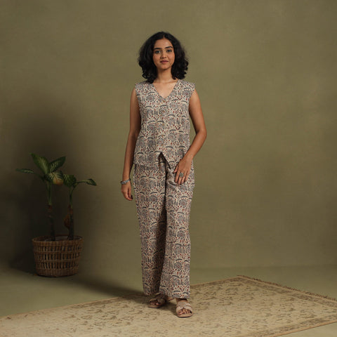 Beige Natural Dyed Block Print Cotton Pedana Kalamkari Co-ord Set