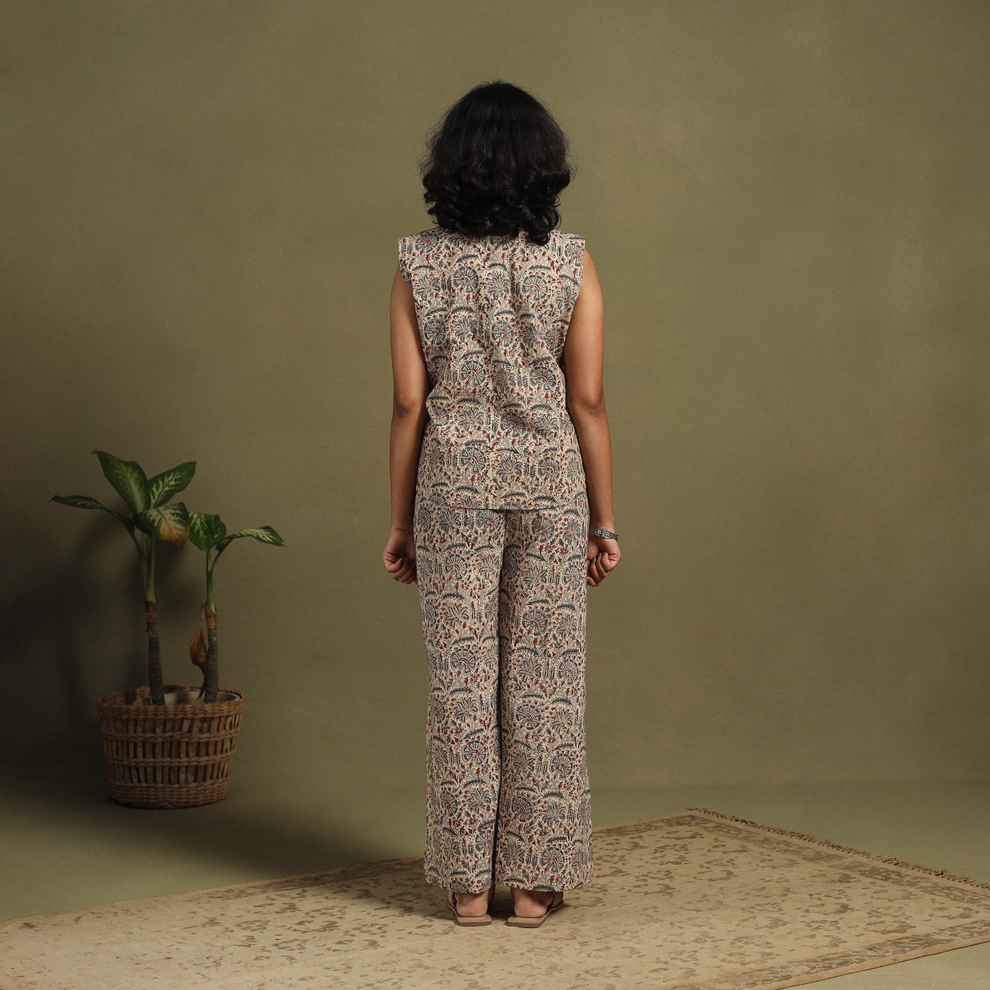 Beige Natural Dyed Block Print Cotton Pedana Kalamkari Co-ord Set