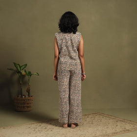 Beige Natural Dyed Block Print Cotton Pedana Kalamkari Co-ord Set