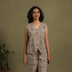 Beige Natural Dyed Block Print Cotton Pedana Kalamkari Co-ord Set