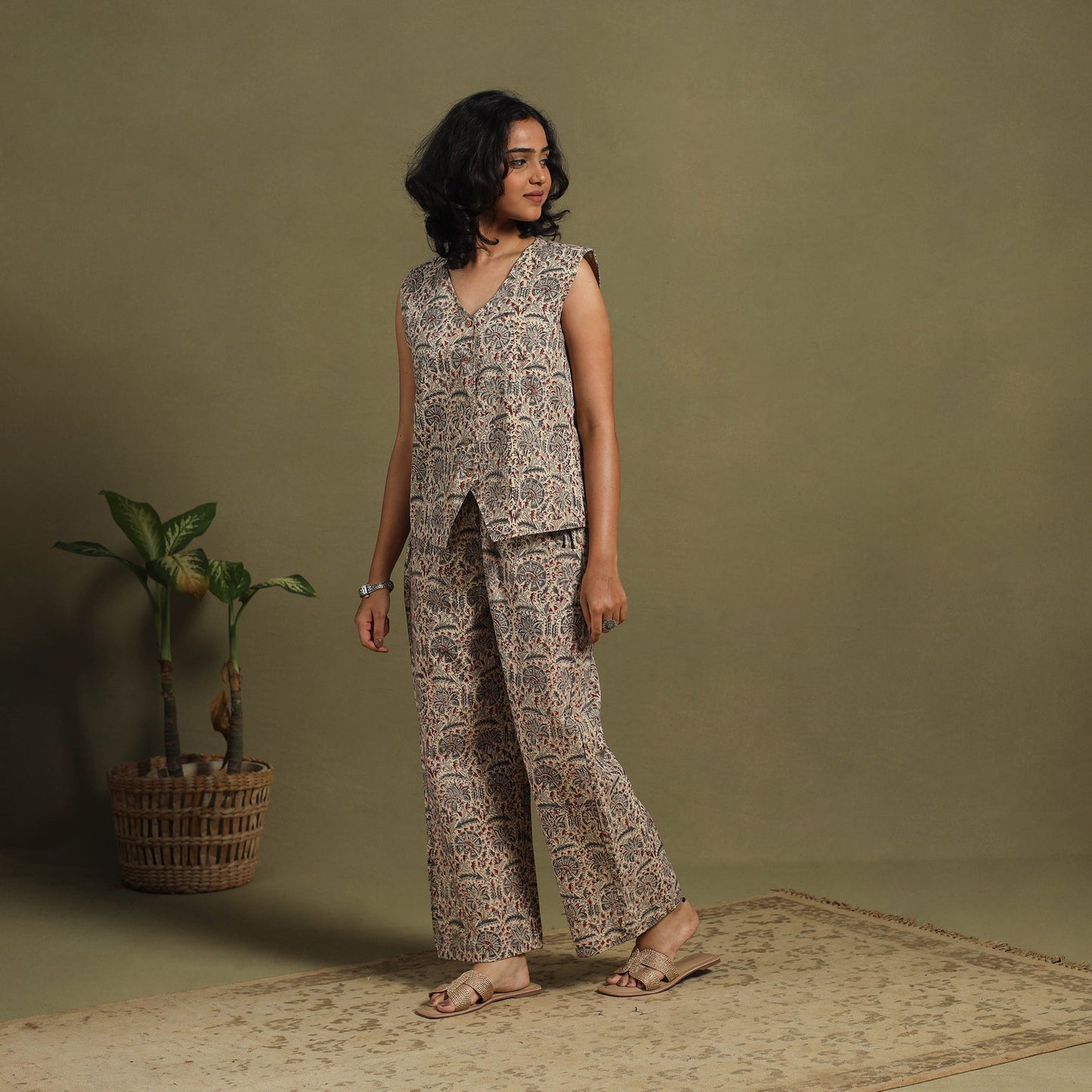 Beige Natural Dyed Block Print Cotton Pedana Kalamkari Co-ord Set