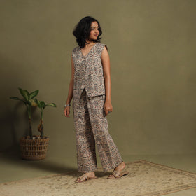 Beige Natural Dyed Block Print Cotton Pedana Kalamkari Co-ord Set