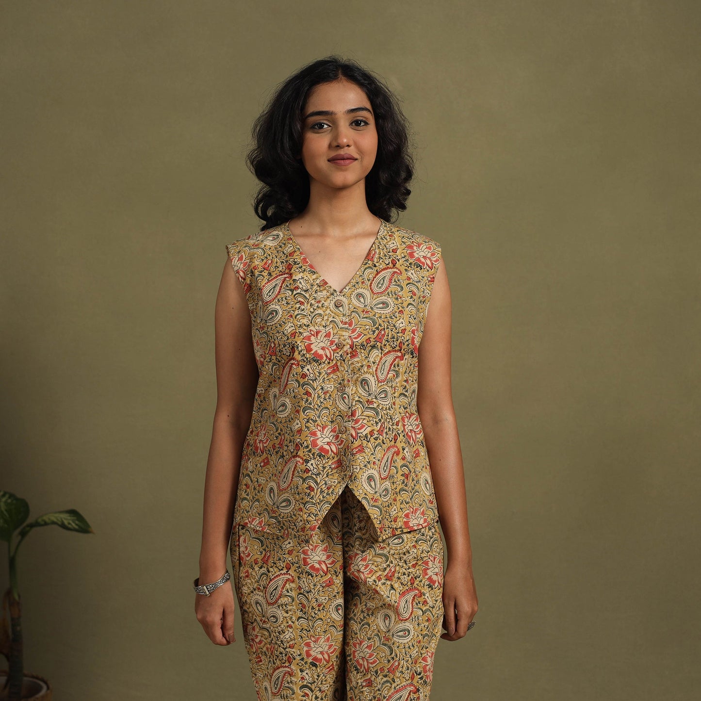 Beige Natural Dyed Block Print Cotton Pedana Kalamkari Co-ord Set