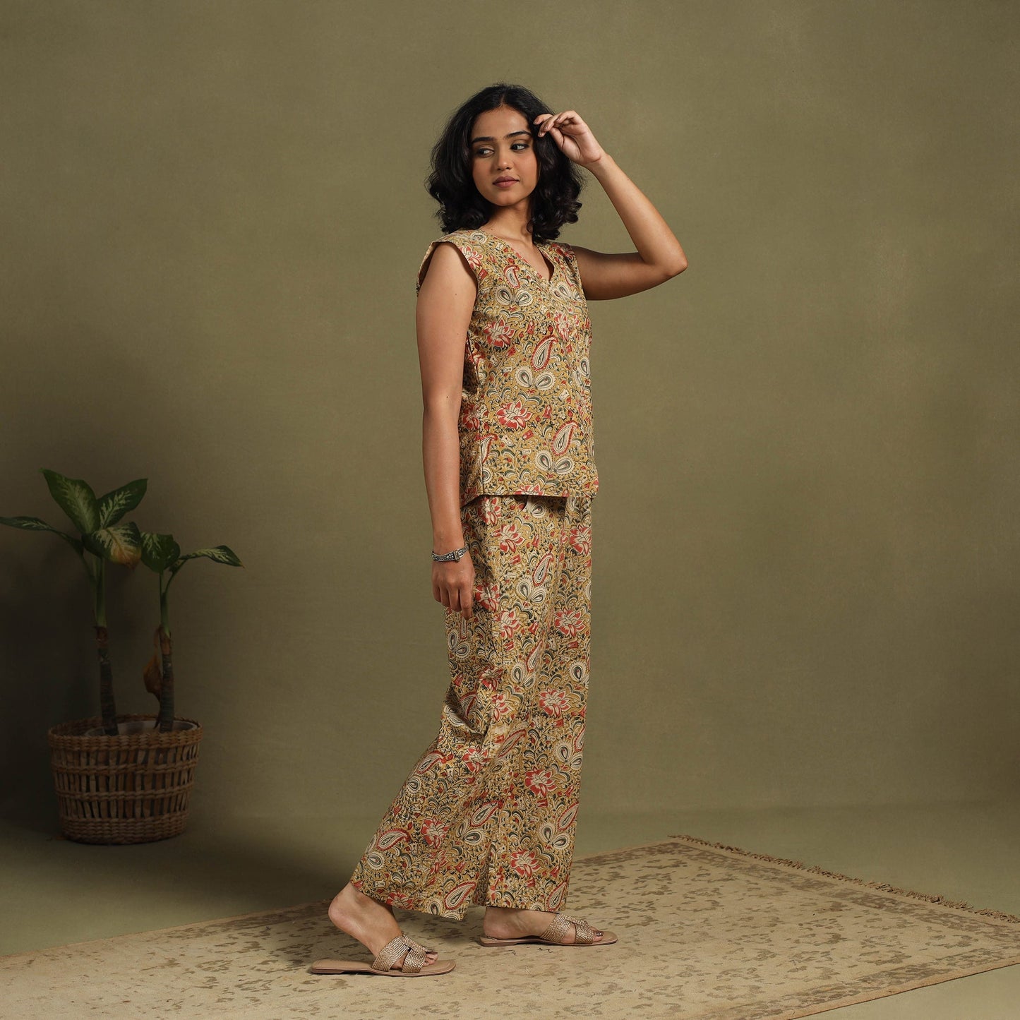 Beige Natural Dyed Block Print Cotton Pedana Kalamkari Co-ord Set