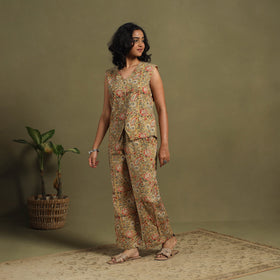 Beige Natural Dyed Block Print Cotton Pedana Kalamkari Co-ord Set