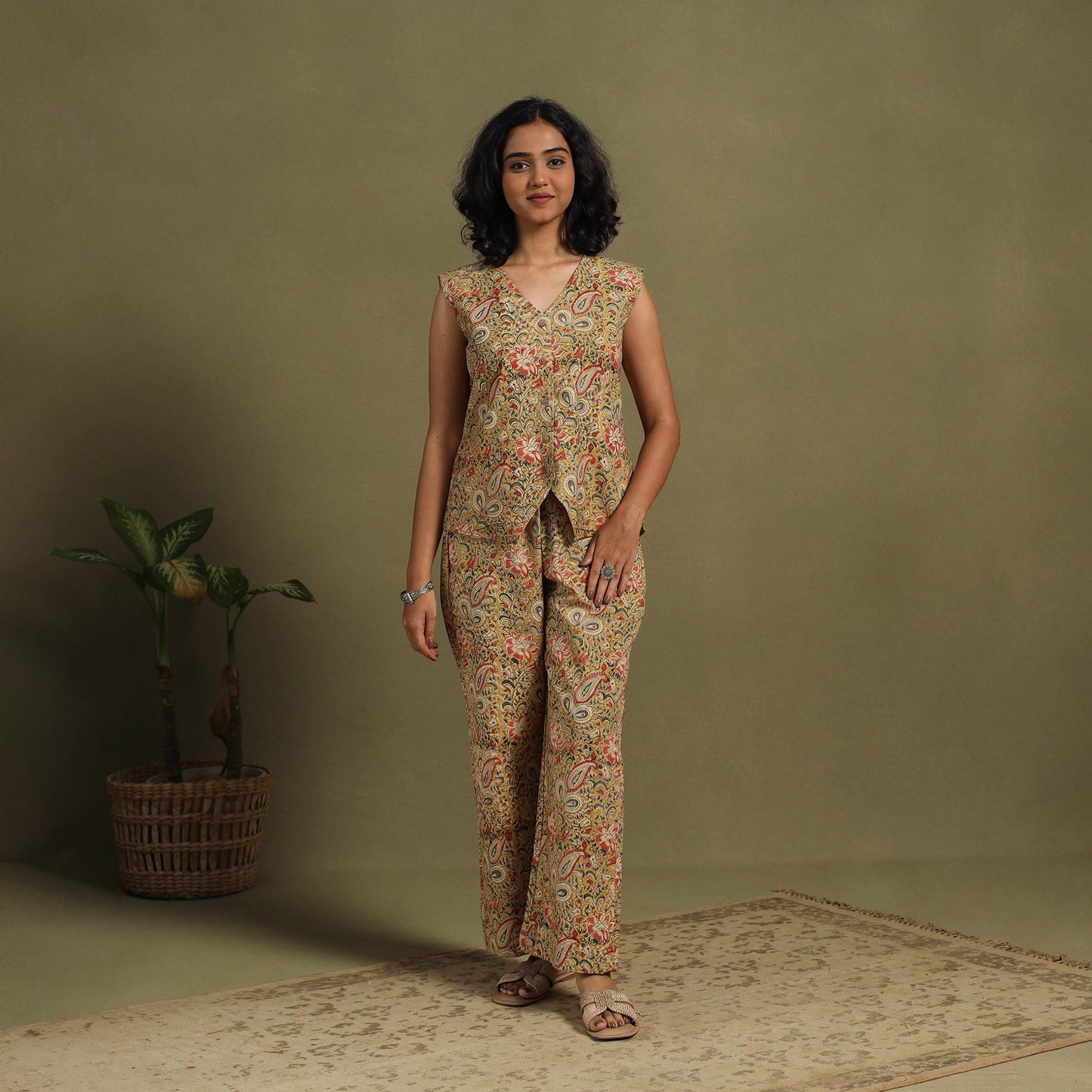 Beige Natural Dyed Block Print Cotton Pedana Kalamkari Co-ord Set