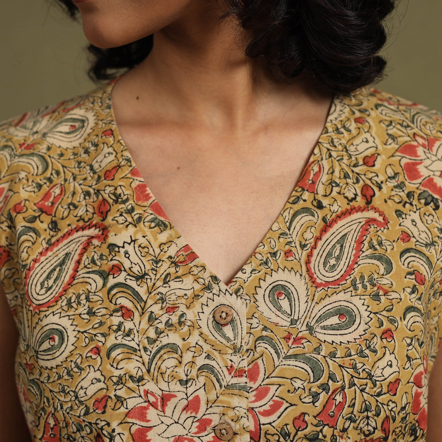 Beige Natural Dyed Block Print Cotton Pedana Kalamkari Co-ord Set