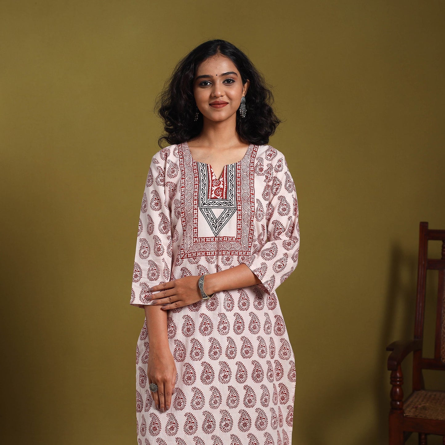 Beige - natural dyed cotton straight bagh kurta 02