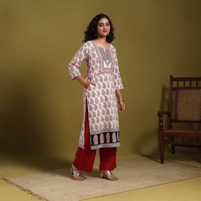 Beige - natural dyed cotton straight bagh kurta 02