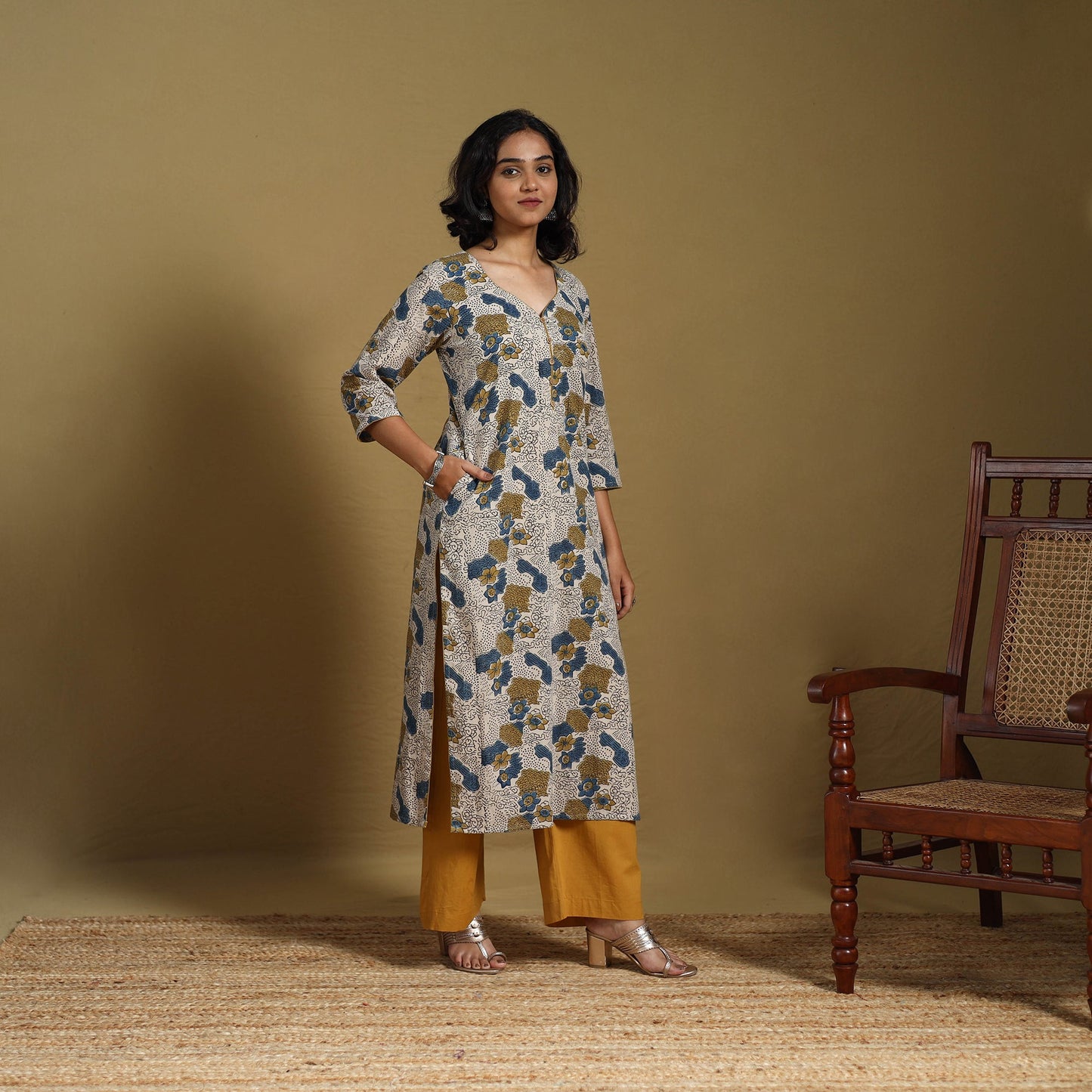 Beige - natural dyed cotton straight hand kurta 21