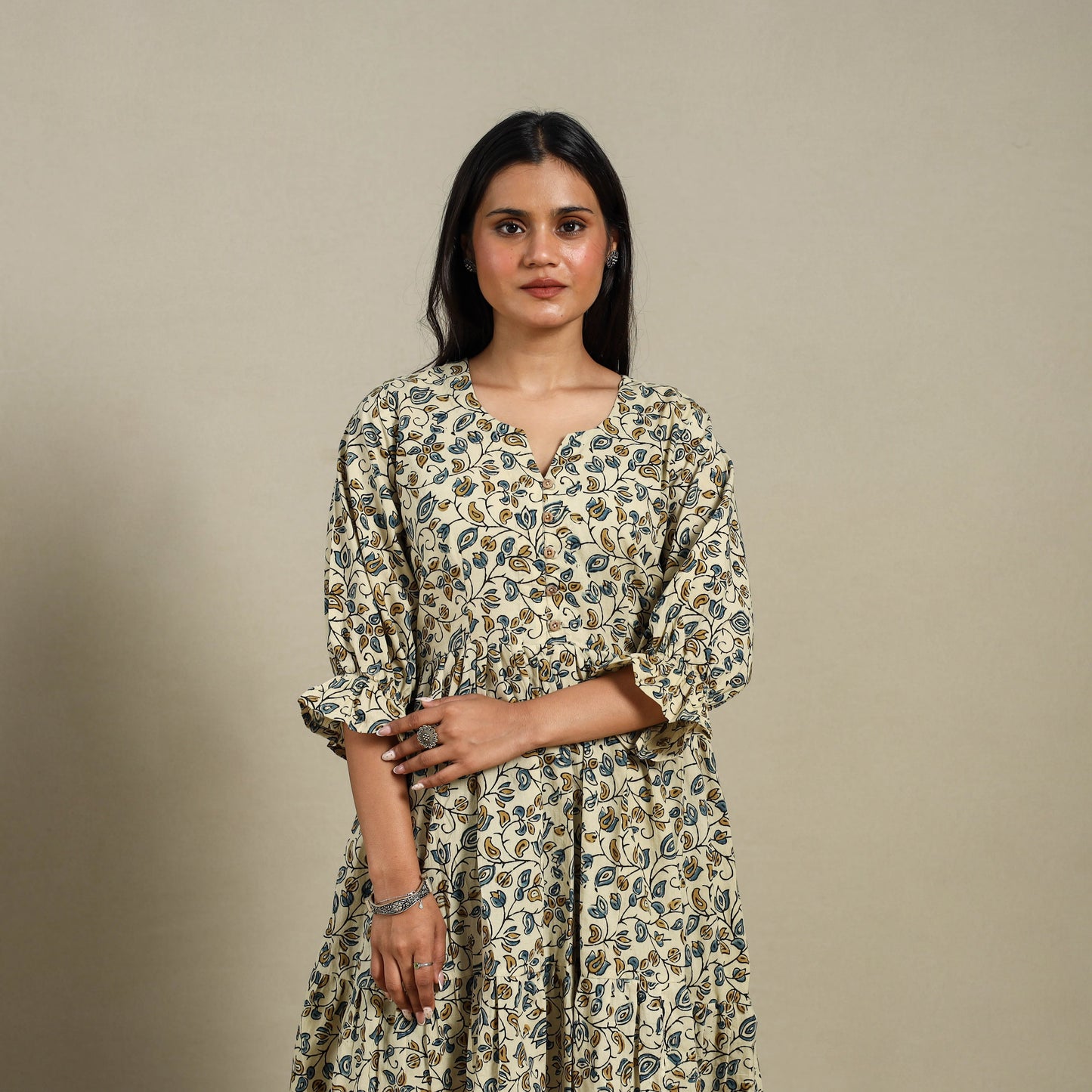 Beige - natural dyed cotton tiered dress 10 - handcrafted