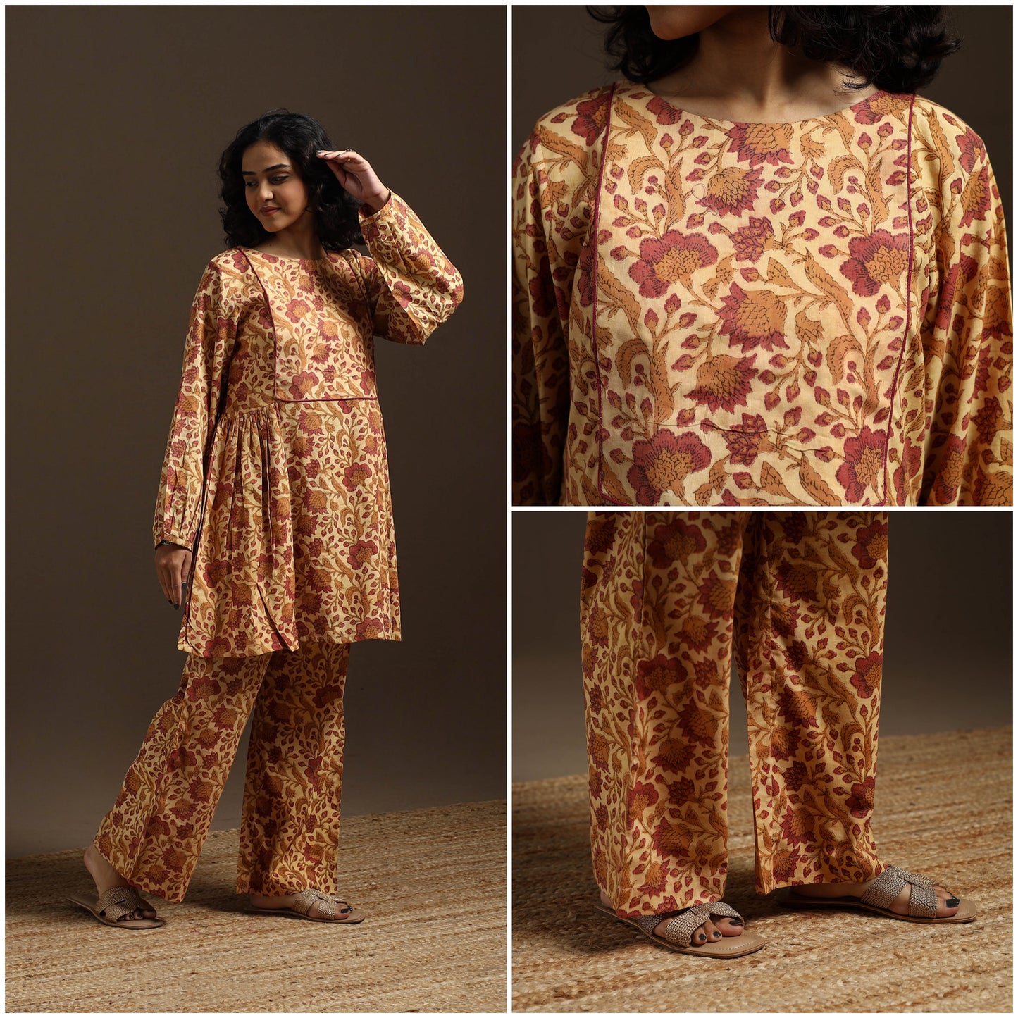 Beige - natural dyed cotton vanaspati bagru co-ord set 07