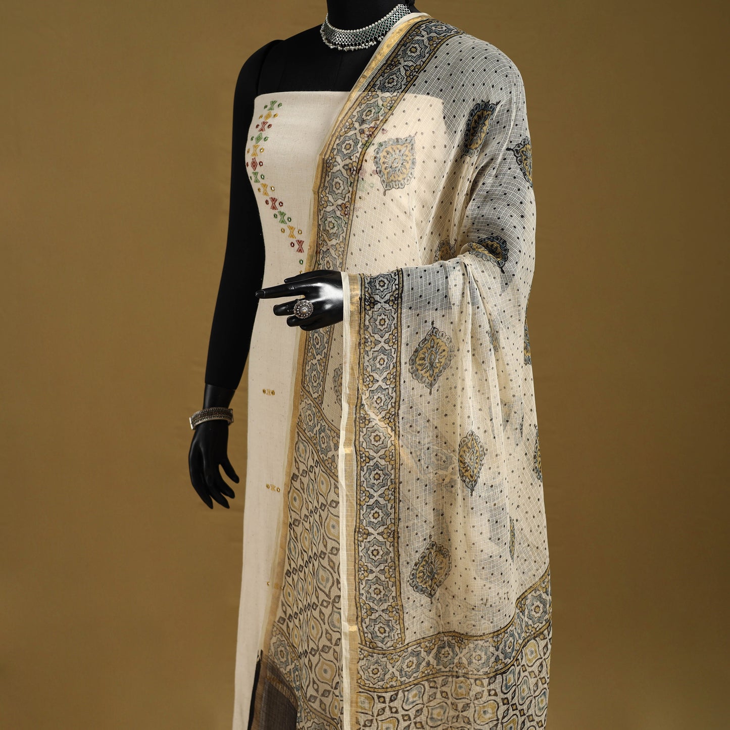 Beige - natural dyed kota doria cotton dupatta 07