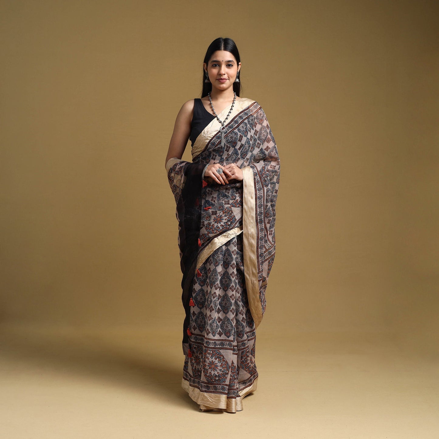 Beige - natural dyed kota doria cotton saree 06